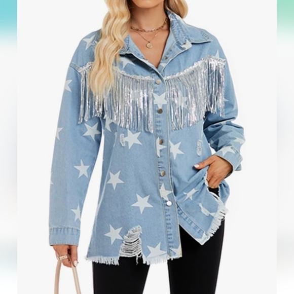 SCOFEEL Women Tassel Jean Shacket Star Print Ripped Jacket Shirt Beyonce NWT - Picture 1 of 16